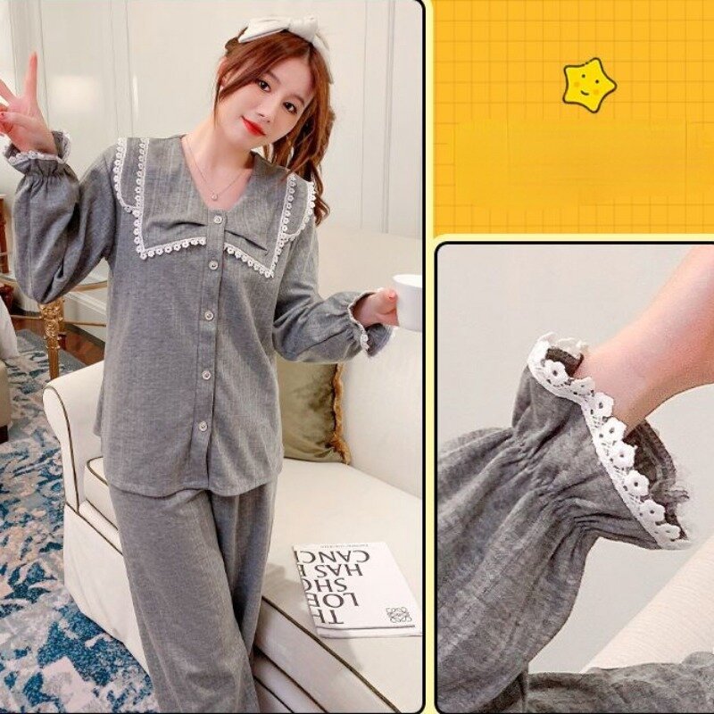 Conjunto de pijama de algodão monocromático feminino, loungewear com pescoço de boneca, manga comprida, pijamas jacquard, outono e inverno, novo, 2024