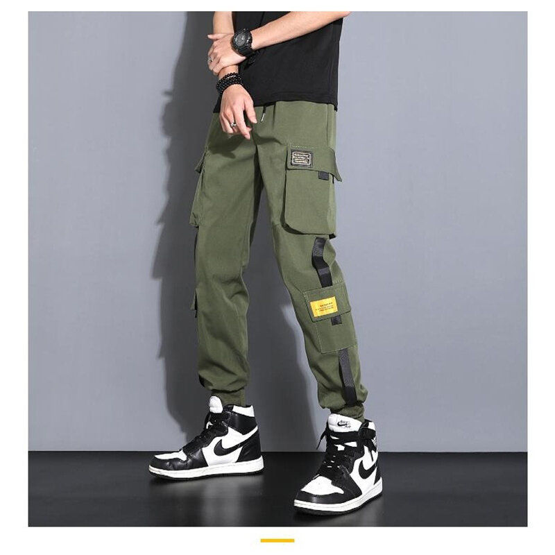 Pantalones Cargo informales para hombre, ropa de calle con cintas, chándal Techwear, varios bolsillos, Color impactante, Hip Hop