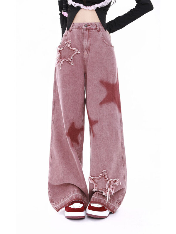 Pantalones vaqueros Retro americanos para mujer, pantalones de fregado que combinan con todo, estrella de cinco puntos, empalme de borde crudo, sueltos, pierna ancha, aspecto fino, moda