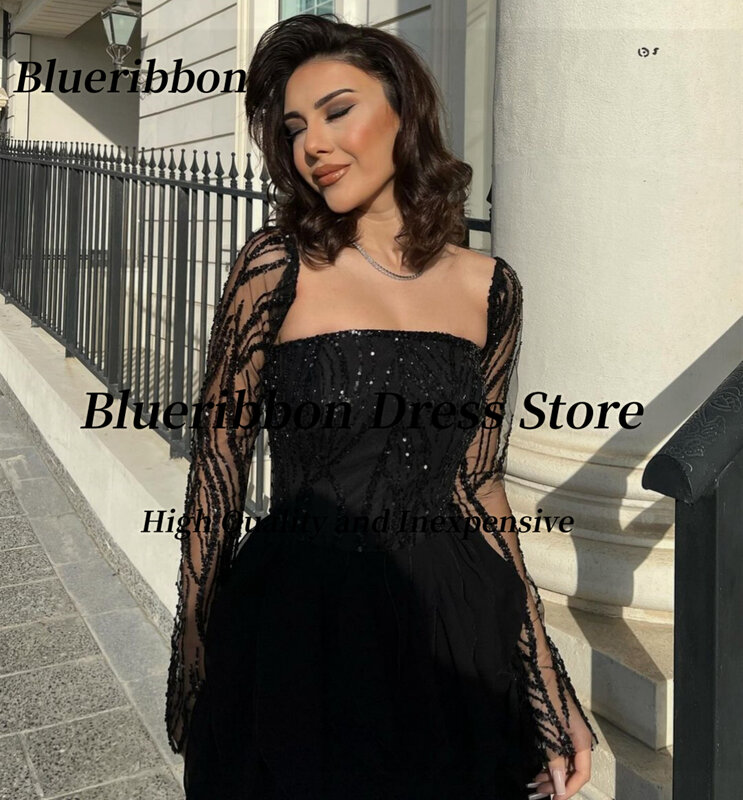 Blueribbon-فستان سهرة فاخر مع كشكشة ، فساتين حفلة موسيقية ، أكمام طويلة ، طول الأرضية ، حفلة عيد ميلاد ، أسود ،