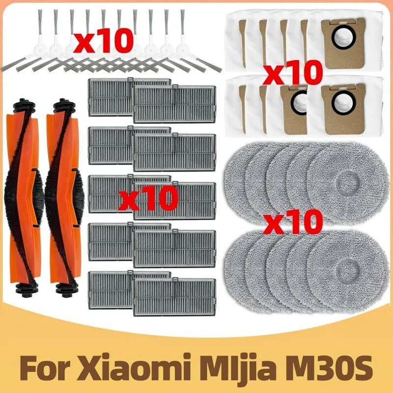 Set aksesori yang kompatibel untuk robot penyedot debu Xiaomi MIjia M30S, D103CN: Sikat Sisi Utama, Mop, Filter, dan Tas Debu.