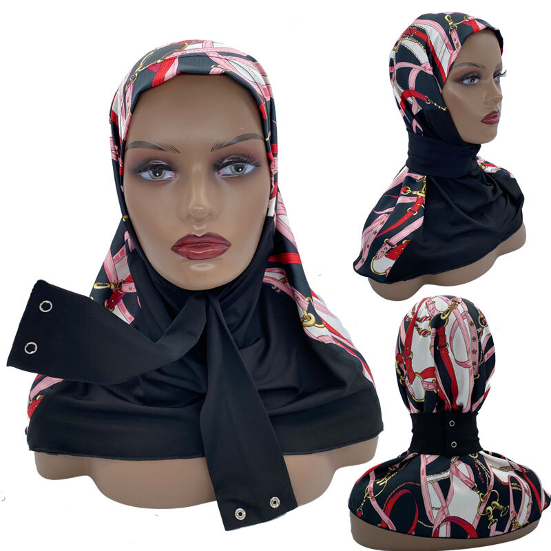 Ready Hijab with Snap Fastener Breathable Muslim Headscarf Bonnet Plain Neck Head Shawls Women's Turban Hat Islam Under Cap