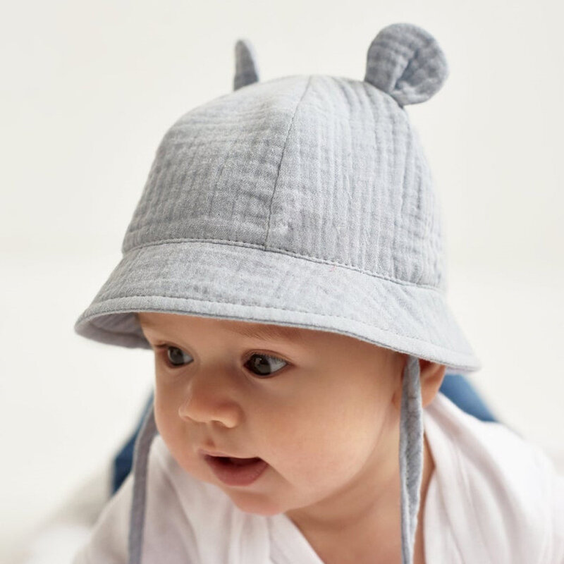Bonés de praia de orelha de coelho de algodão infantil, chapéu de sol bebê, chapéu Panamá estampado para menino e menina, chapéu de balde de praia unissex, novo, 3-12 meses