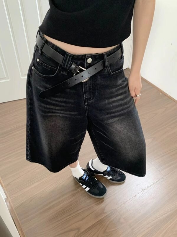 HOUZHOU-shorts de jeans largos pretos femininos, calças jeans, estilo coreano, vintage, streetwear extragrande, high shot, vintage, y2k, verão