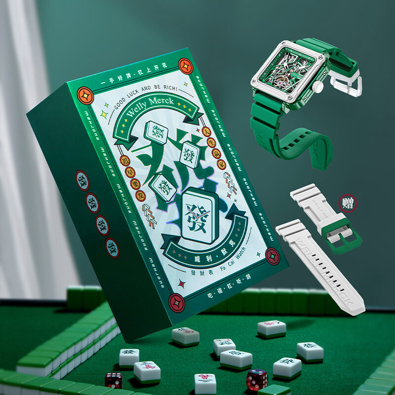 Vierkant Roestvrijstalen Horloge voor Mannen uit de Limited Edition Mahjong Series van Welly Merck, met Automatisch Mechanisch Uurwerk en Waterbestendig