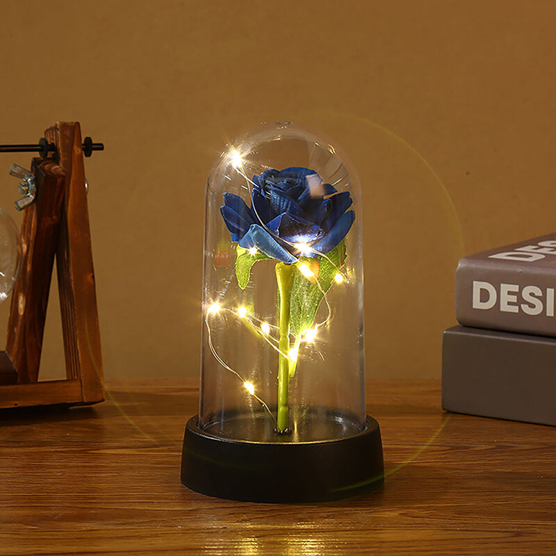 Creative Rose Night Light Base With LED Light String Flower Transparent Glass Cover Lamp Shade Simulation Flower Home Decor Gift