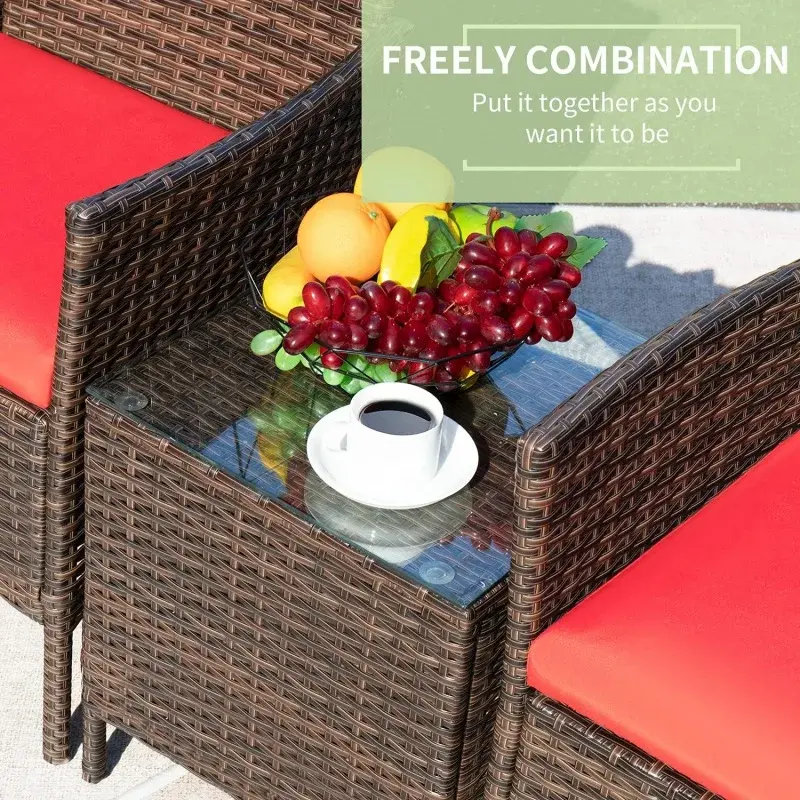 Greesum-Outdoor PE Rattan Wicker Chair com almofada macia e mesa de café de vidro, Mobiliário Pátio Sets, Jardim Quintal, 3 Pcs