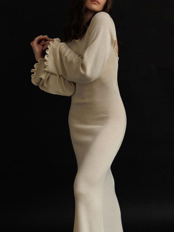 Женское трикотажное облегающее платье с длинным рукавом, платье с открытой спиной и круглым вырезом, однотонные повседневные платья с оборками и отделкой, модная новая одежда
