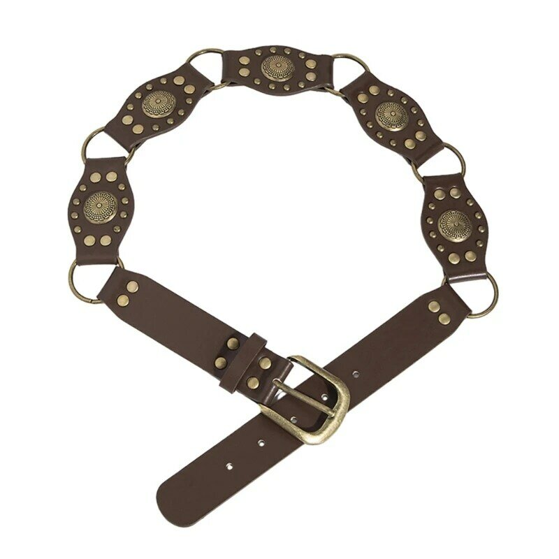 Cintura in regolabile Cintura in stile etnico con rivetti a fiori intagliati Cintura da donna per ragazze per cappotti,