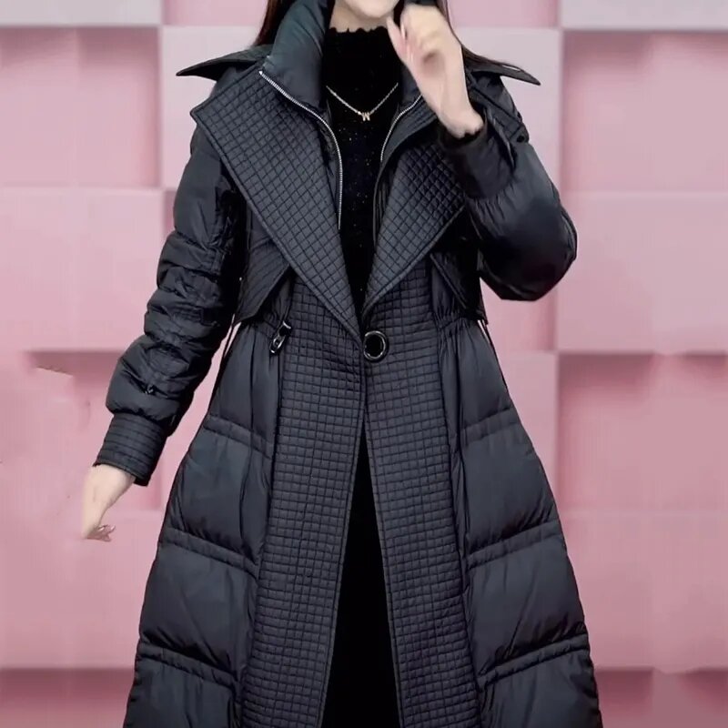 Новинка Зима 2023, Высококачественная пуховая куртка с хлопковой подкладкой, женское облегающее утепленное пальто выше колена, женское черное пальто, женские топы