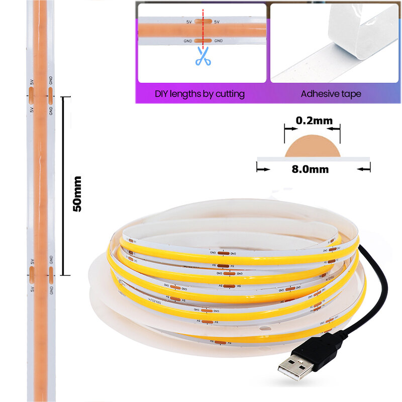 Flexível COB LED Strip Lights para TV Backlight, Ribbon Rope, Night Lamp, branco, gelo, azul, rosa, amarelo, rosa, vermelho, USB, DC 5V, 320Leds/m
