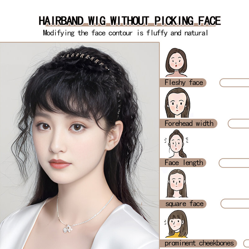 Headband Wig Bangs Synthetic Wig Female One Natural Curly Hair Covered White Hair On The Top Of The Head Bangs Wig Piece