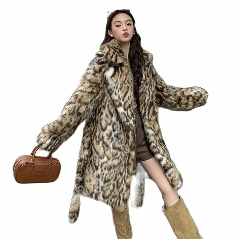 Iconic Street Fashion seksi Ieopard cetak minggu jaket mewah untuk wanita mantel bulu palsu 2024 mantel musim dingin baru wanita panjang tetap hangat