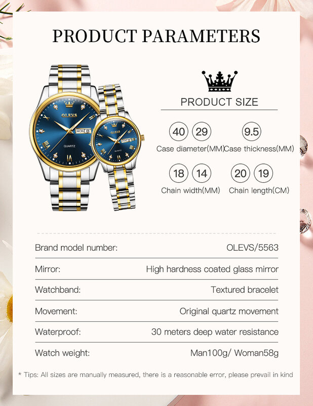 OLEVS-reloj de cuarzo para hombre y mujer, accesorio de pulsera resistente al agua con calendario doble, ideal para regalo de pareja