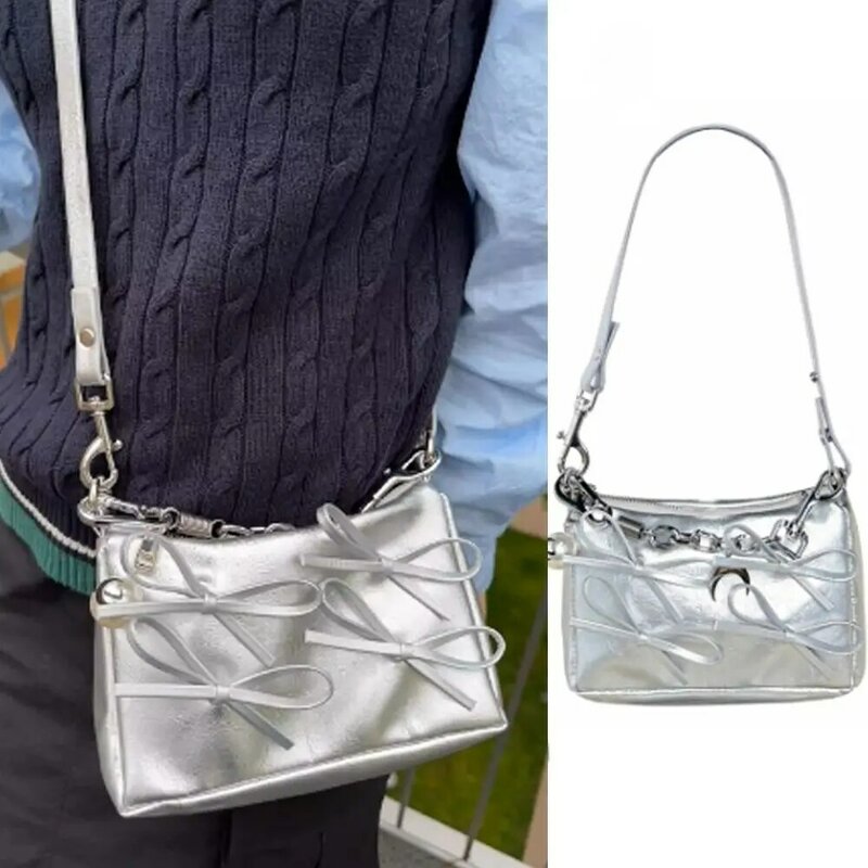 Y2K perak tas persegi kecil baru tas persegi pita perak dihias tas selempang gaya Harajuku warna perak tas ketiak