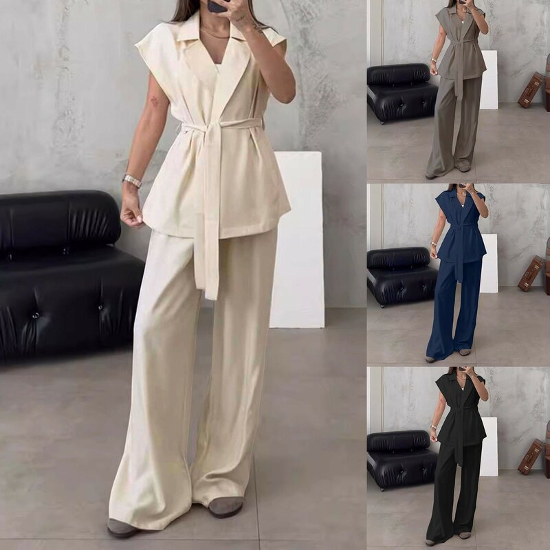 Women Fashion Solid Casual Suit Sleeveless Lac Up Cardigan High Waist Pants Suit Party Outfits for Women