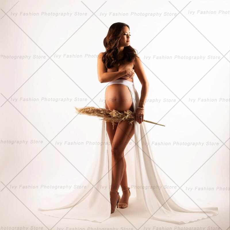 Vestido de maternidade com renda branca, saia longa, estúdio de fotografia, acessórios sexy do tema do casamento, elegante Photo Shoot