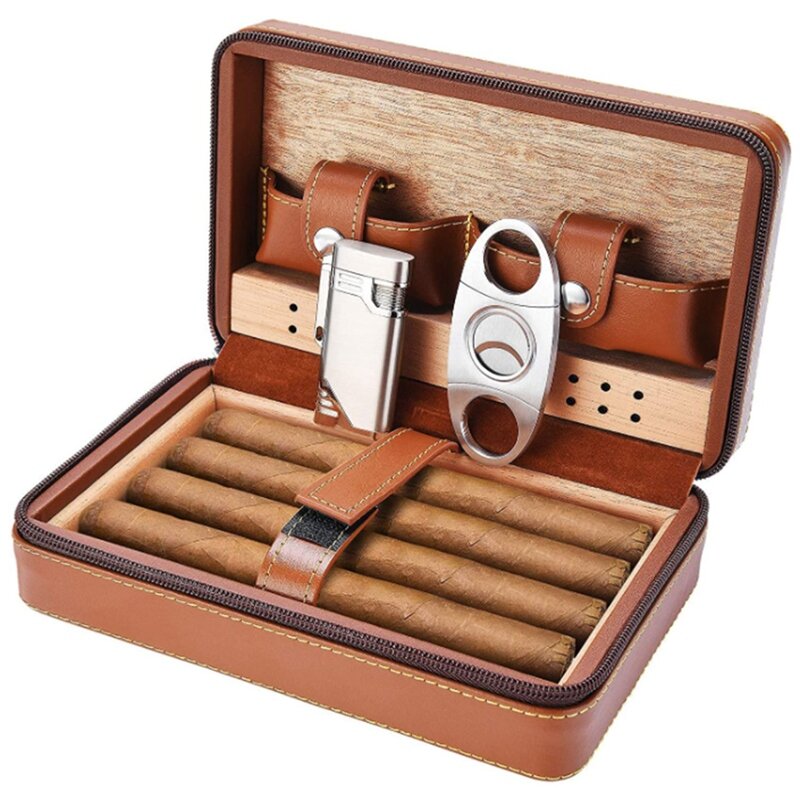 Cigar Storage Cigar Humidors Cigar Humidor Case Portable Cedar Wood Leather Travel Humidor Humidifier Set Gift Box