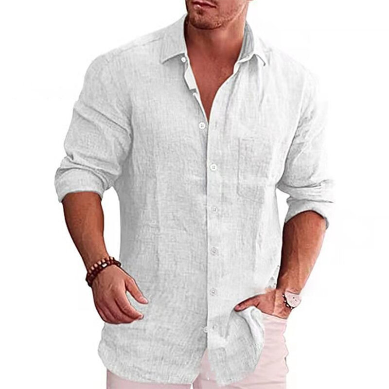 T Shirt Mens Tops Daily Solid Baggy Blouse Breathable Button-down Comfort Cotton Linen Long Sleeve M-2XL Shirt