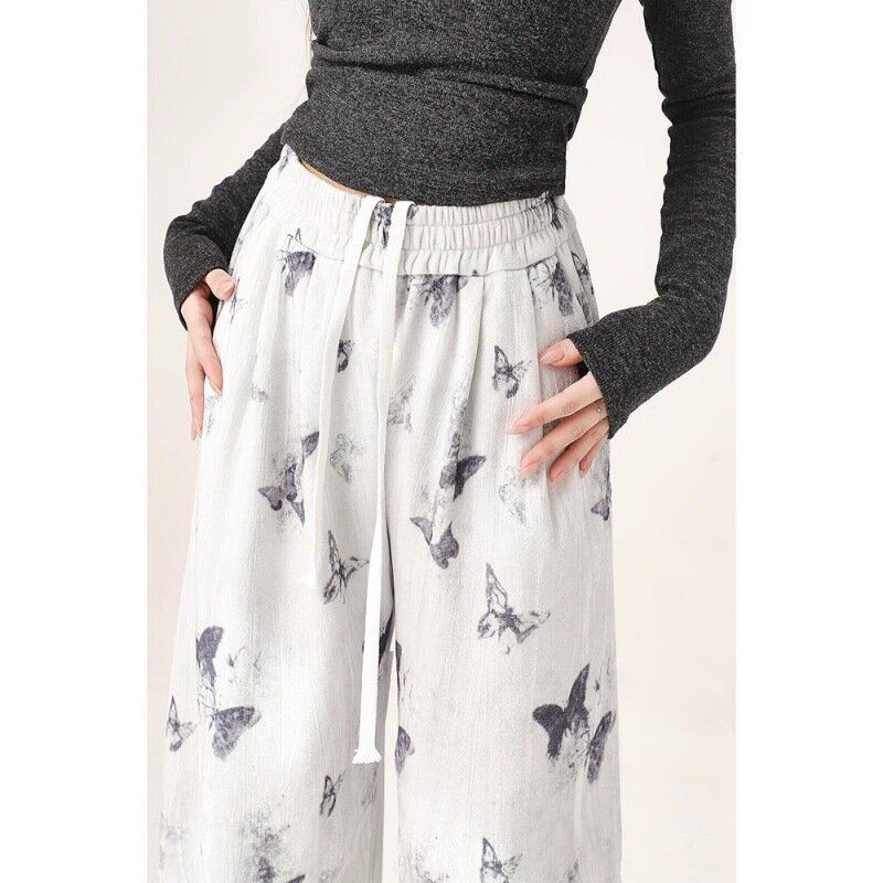 Женские шифоновые брюки в китайском стиле, повседневные свободные длинные брюки с чернильными бабочками и широкими штанинами, лето 2024