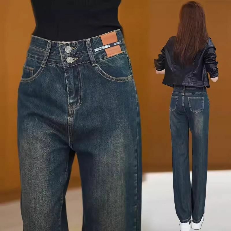 Celana jins wanita, Jeans panjang penuh pinggang tinggi Vintage biru Korea modis longgar musim semi santai Retro cocok untuk semua