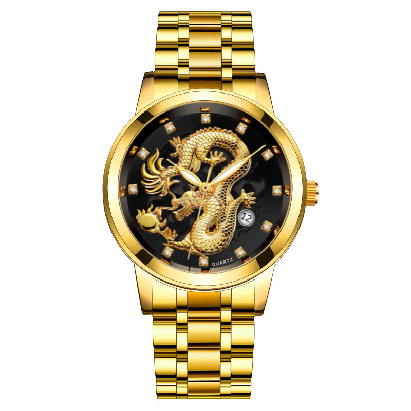 Moda ouro dragão relógio masculino luxo aço inoxidável negócios casual quartzo wristatch data relógio masculino montre homme transporte da gota