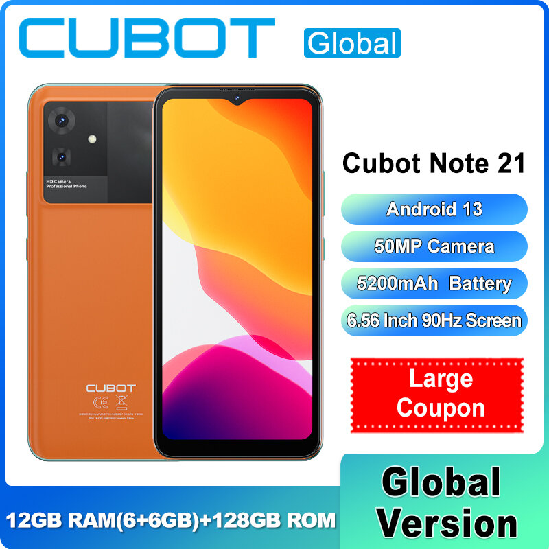Cubot-Note 21 Smartphone, Celular, Octa-Core, GPS, Android 13, Bateria 5200mAh, 6G RAM, 128G ROM, Câmera 5.50MP, Tela HD de 6,56"