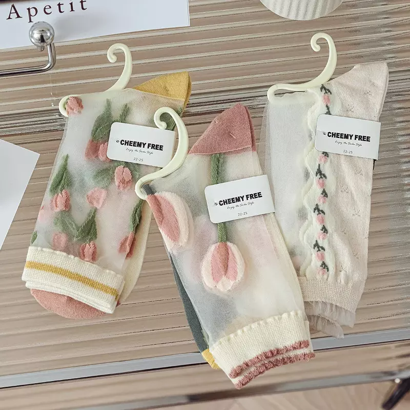Summer Girls Jk Ultra-thin Cotton Casual Sheer Socks Ins Fashion Flower Painting Transprent Lace Designer Mid-calf Glass Socks