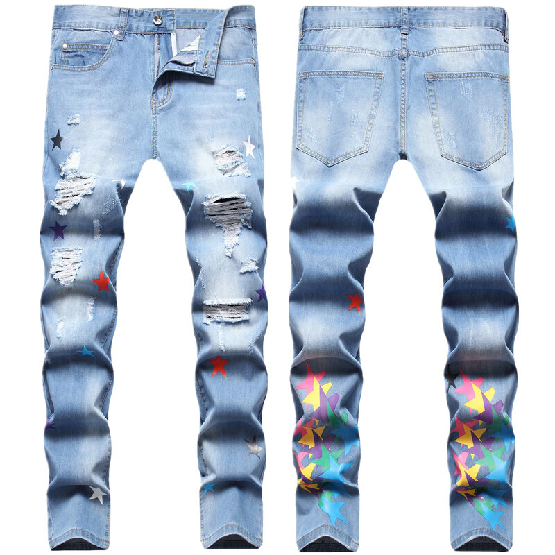 Celana Jin pria, celana jins kaki lurus kecil motif digital bintang sobek empat gaya HIPHOP West Coast hipster