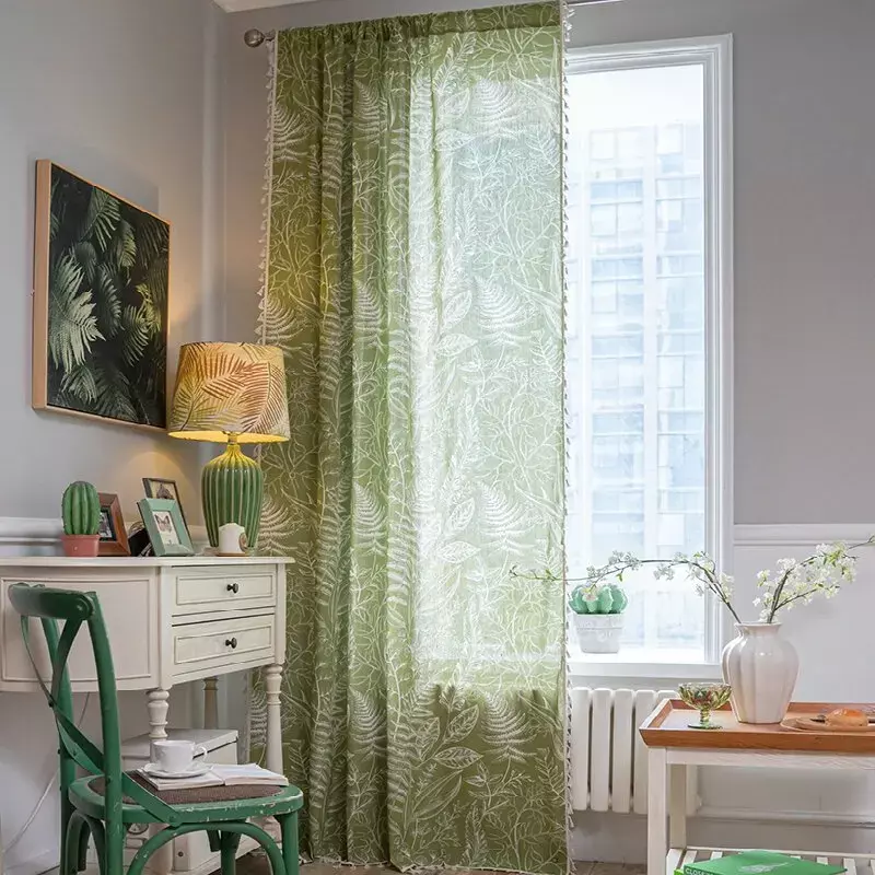 Tirai jendela daun hijau, gorden Blackout tanaman tahan air pedesaan Boho rumbai batang saku untuk ruang tamu kamar tidur dekorasi