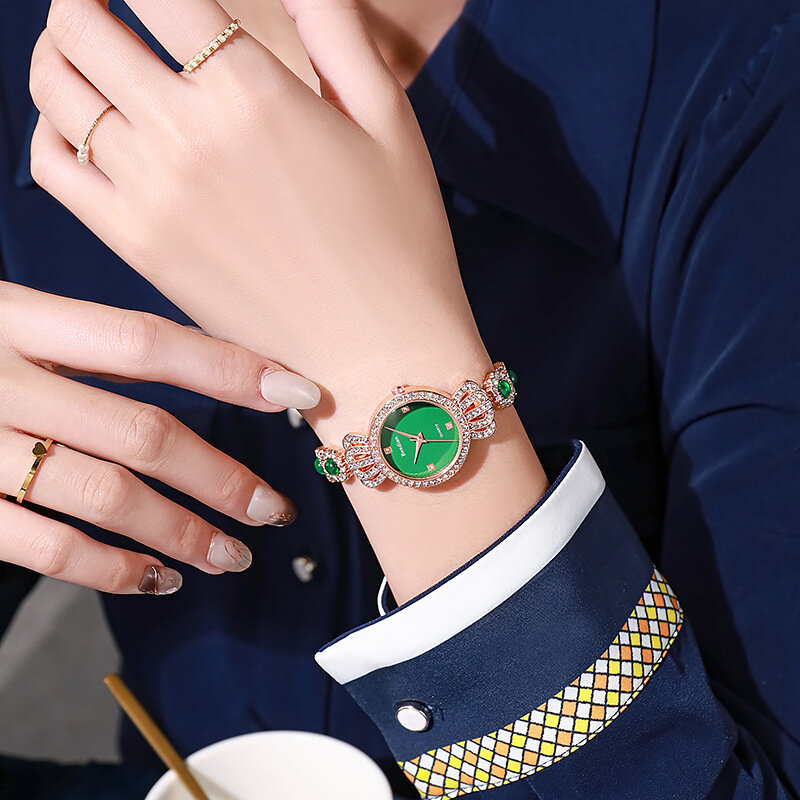 Pulsera de oro rosa verde esmeralda para mujer, reloj de cuarzo de diamante, pulsera de corona, reloj de esfera, regalo para niñas, moda de lujo