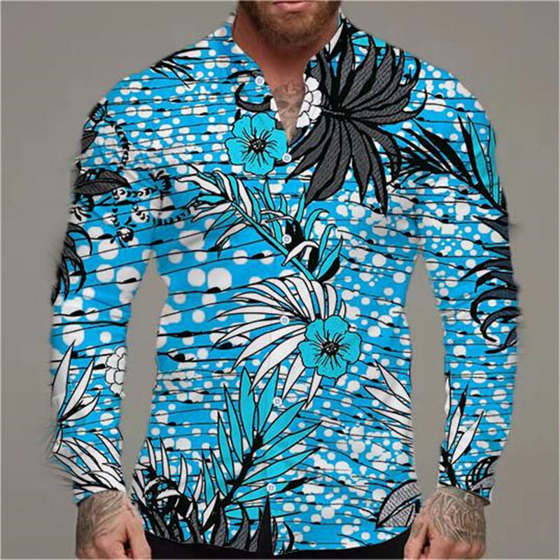 2024 하와이 패턴 긴팔 셔츠 남성용, 꽃 프린트, 캐주얼 스트리트 카미사, 휴일 남성 셔츠, 상의, 블라우스, 라펠 의류