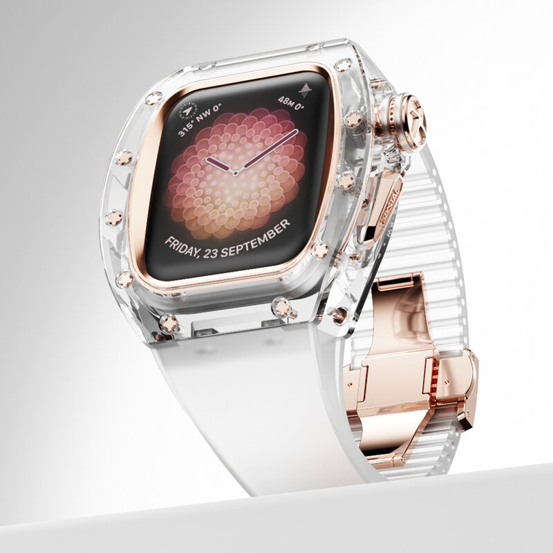 Funda transparente de cristal para Apple Watch, correa de goma de Fluororubber para iWatch 9, 8, 7, 6, 5, 4 Se, transparente, 45mm, 44mm, K9