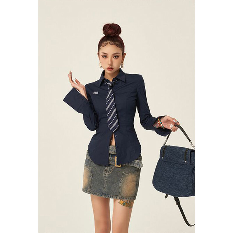 Y2K Harajuku Tie camicie donna Preppy Jk camicette bianche a maniche lunghe Streetwear 2000S moda coreana Slim All Match Chic top nuovo