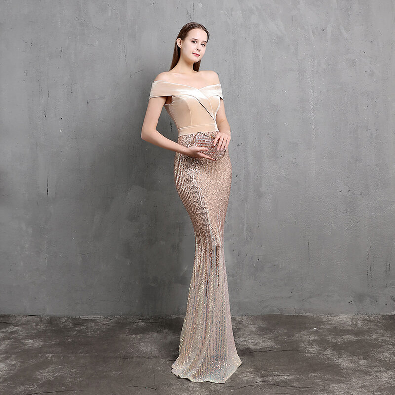 Gold Velvet Mermaid Prom Dress Sequins Off Shoulder Sleeveless Formal Pageant Wedding Guest Party Evening Dress Robe De Mariée