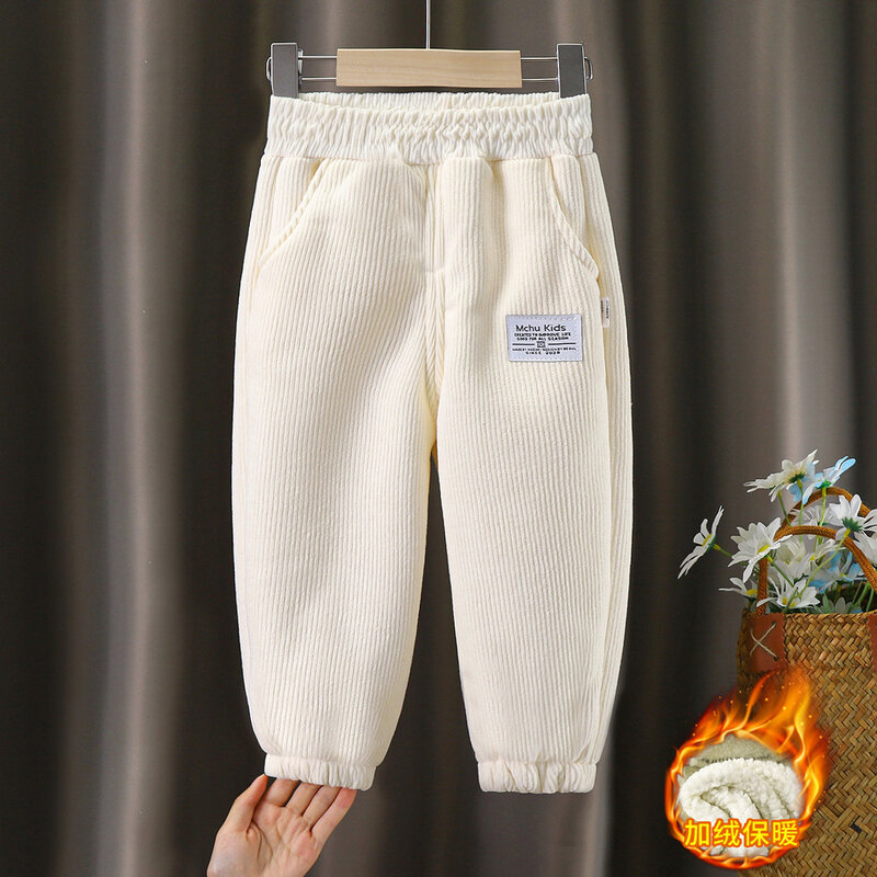 2024Children's Autumn Winter Warm Pants New Boys and Girls' Corduroy Plush Thickened Casual Sports Pants 1-10 years old