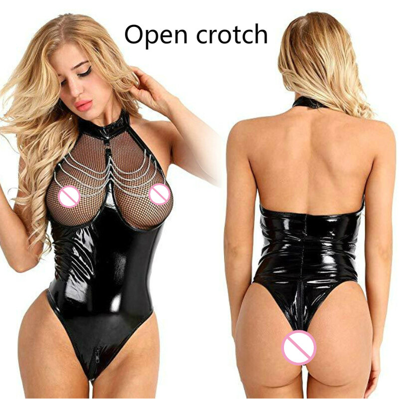 Erotico Sexy Crotchless Latex Catsuit abbigliamento a rete cavallo aperto tuta pelle verniciata seno esposizione body Lingerie