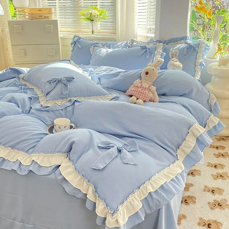 Juego de sábanas y edredón de encaje de algodón lavado para niña, estilo princesa ropa de cama, 4 piezas