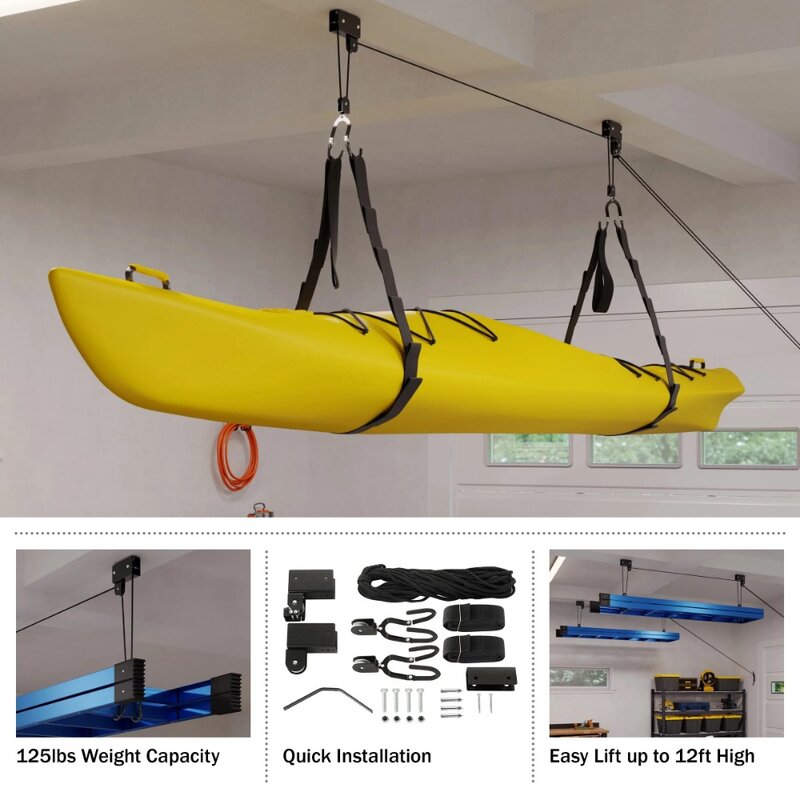 Sistema de polea superior para Kayak, canoa de 125 libras, bicicleta, escalera o almacenamiento de kayak de hasta 12 pies
