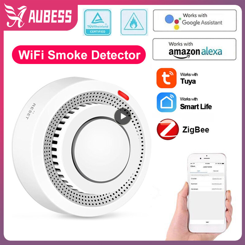 Tuya Zigbee-Detector de humo con WiFi para el hogar, Sensor de fuego inteligente, alarma de sonido de 85dB, Control por aplicación, combinación de sistema de seguridad