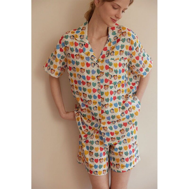 Conjunto de pijamas de algodão duplo para mulheres, dupla camada, cor fofa, estampado com amor, manga curta, shorts loungewear, gaze, verão, 2022