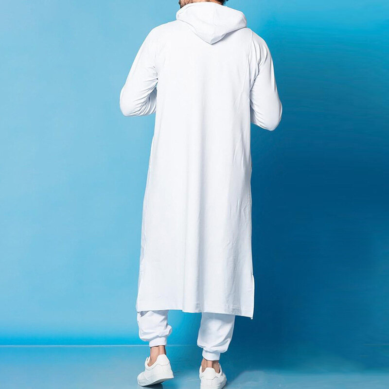 Manto de manga comprida com capuz e bolsos com cordão, roupão muçulmano, Oriente Médio, islâmico, árabe, vintage, solto, listrado, comprimento total