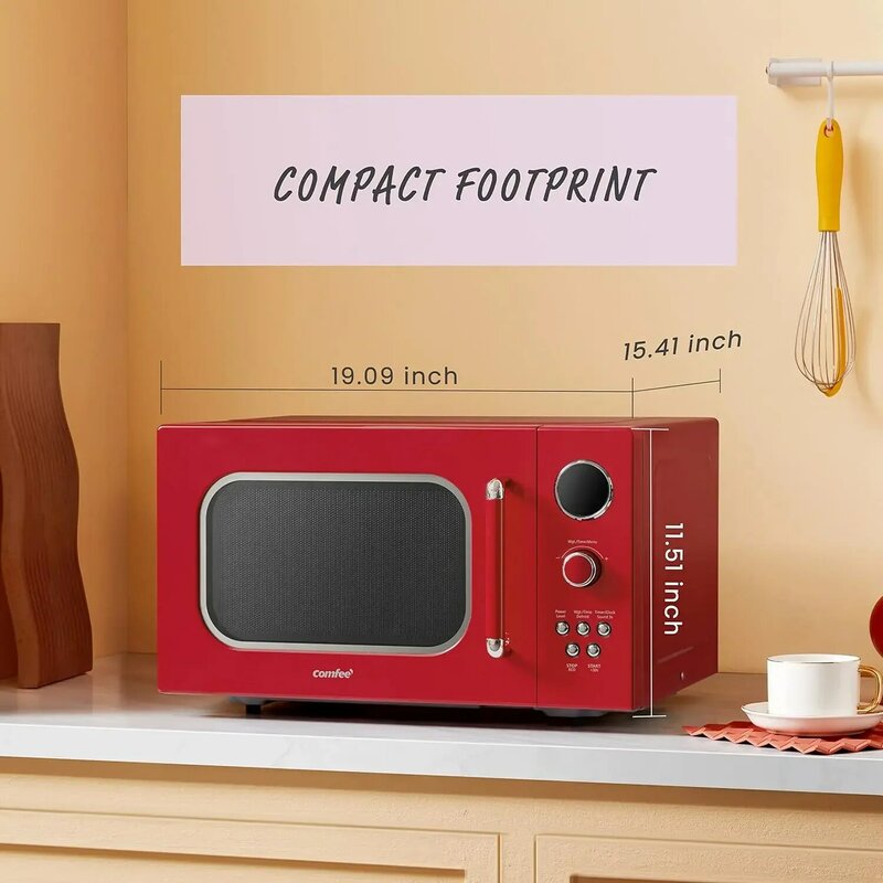 Retro Microwave with  Fast Multi-stage Cooking, Turntable Reset Function Kitchen Timer, Mute Function900W, Red