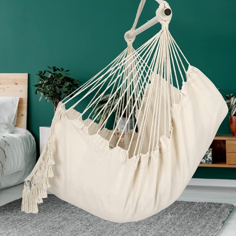 Y- Stop Hammock Chair Hanging Rope Swing, Max 500 Lbs, 2 Cushions Included, Large Macrame Hanging Chair with Pocket