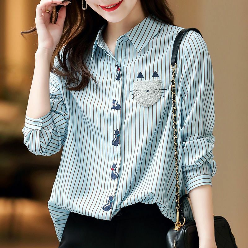 Woman Top Button Up Spring and Autumn Kawaii Loose Striped Shirts & Blouses for Women Full Long Sleeve Cute Novelty 2024 Vintage