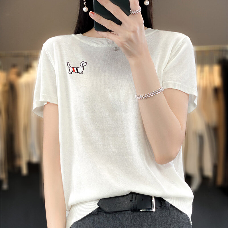ADDONEE Spring Summer Women O-neck T-shirt Short Sleeve Pullover Sweater 30% Merino Wool Knitwear Female  Basic Casual Clothes