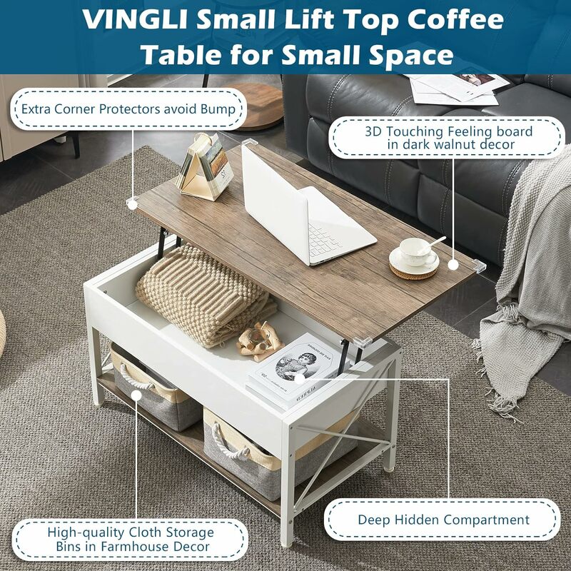 VINGLI 36 인치 리프트 탑 커피 테이블, 무료 천 보관함, 화이트 월넛 프레임하우스 커피 테이블, 거실용 소형 모던