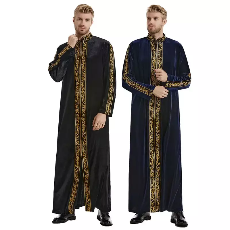 Мужской халат с длинными рукавами, мусульманский халат, золотой бархат, вышивка, арабский, исламское Молитвенное платье, Национальный костюм, благородный, роскошный, T