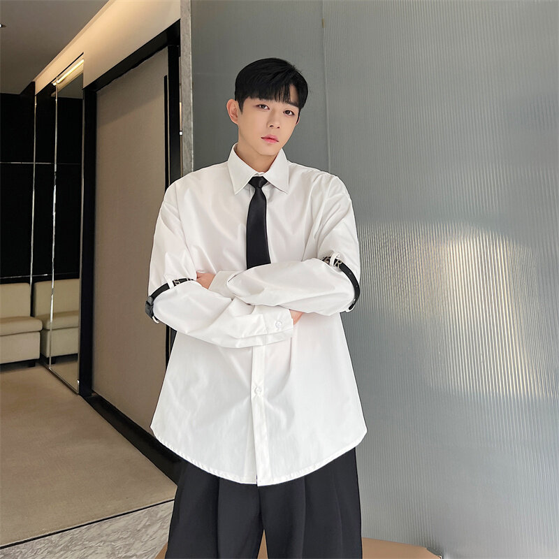 Camisa de manga larga para hombres, camisa de moda de alta gama, corbata negra y blanca, tendencia juvenil, camisas casuales de un solo pecho que combinan con todo