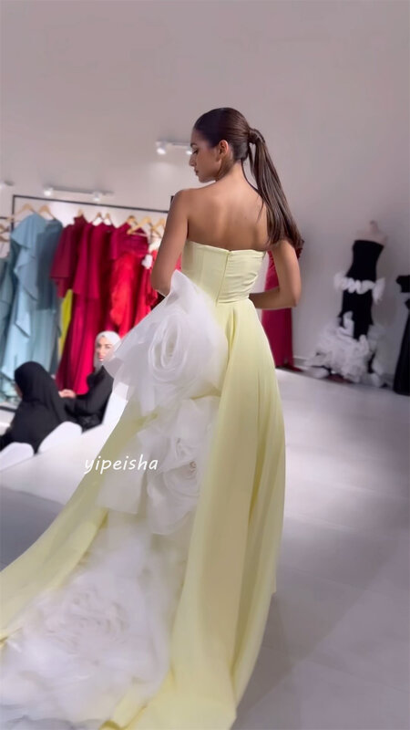 Jersey Flower Ruched Homecoming A-line Strapless Bespoke Occasion Gown Long Dresses